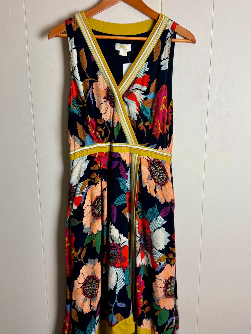 Anthropologie Maeve Black Floral Midi Dress with Yellow Stripe Trim